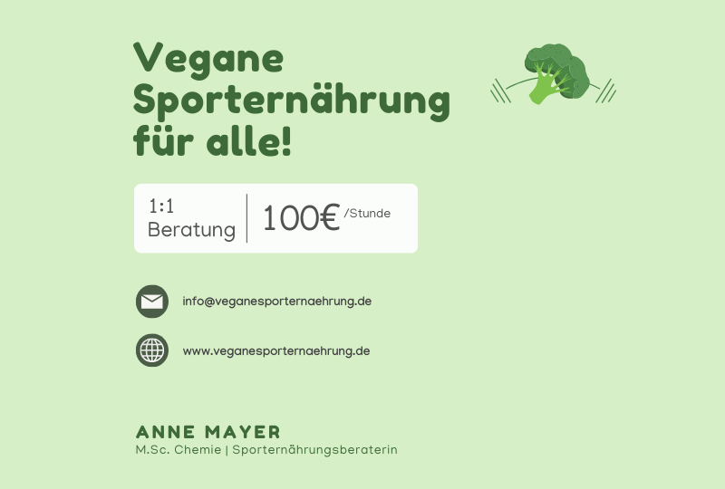 Beitrag auf grünem Hintergrund. Informationen zur 1:1 Beratung graphisch dargestellt. Kosten 100E pro Stunde und weitere Infos zur Mailadresse und der Website. Vegane Sporternährung für alle.