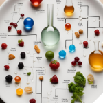 Ein großer Teller mit einer visuellen Darstellung von chemischen Verbindungen und Lebensmitteln. Verschiedene Moleküle, dargestellt durch Kugeln und chemische Verknüpfungen, sind mit echten Lebensmitteln wie Beeren, Brokkoli, Mandeln, Limetten, Erdbeeren und anderen Zutaten kombiniert. Es gibt gläserne Kolben und Reagenzgläser, die Flüssigkeiten in unterschiedlichen Farben enthalten, wie Blau, Rot und Orange. Die Verknüpfungen zwischen den Molekülen und Lebensmitteln scheinen die biochemischen Verbindungen in Lebensmitteln darzustellen, etwa im Kontext von Ballaststoffen oder Nährstoffen.