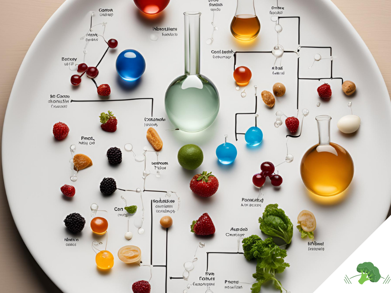 Ein großer Teller mit einer visuellen Darstellung von chemischen Verbindungen und Lebensmitteln. Verschiedene Moleküle, dargestellt durch Kugeln und chemische Verknüpfungen, sind mit echten Lebensmitteln wie Beeren, Brokkoli, Mandeln, Limetten, Erdbeeren und anderen Zutaten kombiniert. Es gibt gläserne Kolben und Reagenzgläser, die Flüssigkeiten in unterschiedlichen Farben enthalten, wie Blau, Rot und Orange. Die Verknüpfungen zwischen den Molekülen und Lebensmitteln scheinen die biochemischen Verbindungen in Lebensmitteln darzustellen, etwa im Kontext von Ballaststoffen oder Nährstoffen.