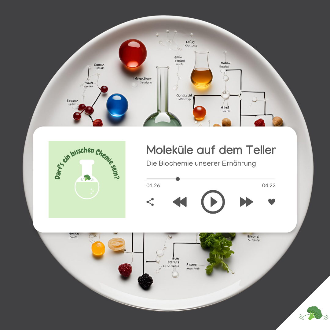 Ein stilisiertes Teller-Design mit chemischen Verbindungen und Lebensmitteln, das die Verbindung zwischen Chemie und Ernährung darstellt. Oben sind bunte Kugeln und Laborutensilien wie ein Erlenmeyerkolben abgebildet, unten verschiedene Lebensmittel wie Beeren und Brokkoli. Im Vordergrund ist ein Podcast-Player mit dem Titel 'Moleküle auf dem Teller – Die Biochemie unserer Ernährung' sowie das Logo des Podcasts 'Darf's ein bisschen Chemie sein?'. Unten rechts befindet sich ein kleines Brokkoli-Icon als Logo.