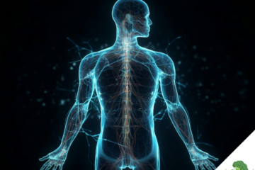 Digitale Darstellung eines menschlichen Körpers von hinten, bei dem das Nervensystem, die Wirbelsäule und die Muskelstrukturen leuchtend hervorgehoben sind, vor einem dunklen Hintergrund.