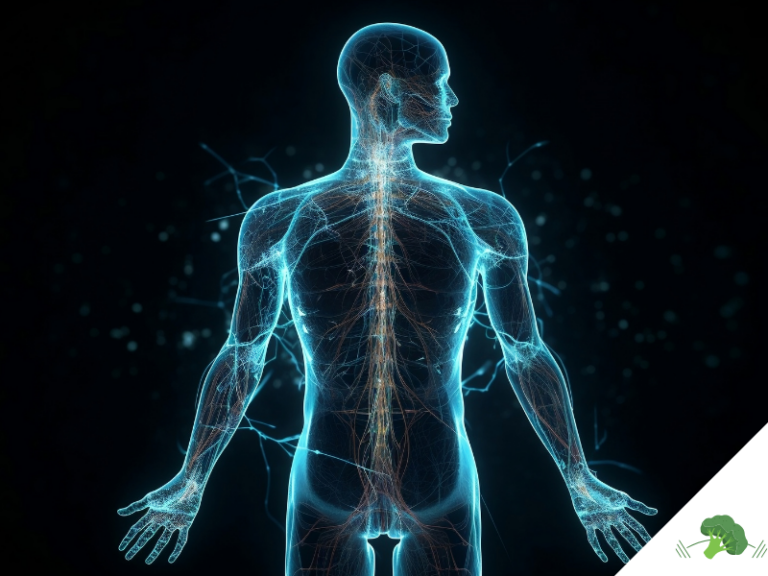 Digitale Darstellung eines menschlichen Körpers von hinten, bei dem das Nervensystem, die Wirbelsäule und die Muskelstrukturen leuchtend hervorgehoben sind, vor einem dunklen Hintergrund.