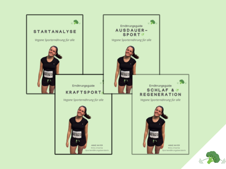 Vier grüne Buchcover von Ernährungsguides sind überlappend angeordnet. Die Titel lauten „Startanalyse“, „Ernährungsguide Ausdauersport“, „Ernährungsguide Kraftsport“ und „Ernährungsguide Schlaf & Regeneration“. Auf jedem Cover ist eine junge Frau in Sportkleidung mit der Startnummer 1070 zu sehen. Im unteren rechten Eck ist ein Brokkoli-Logo abgebildet.