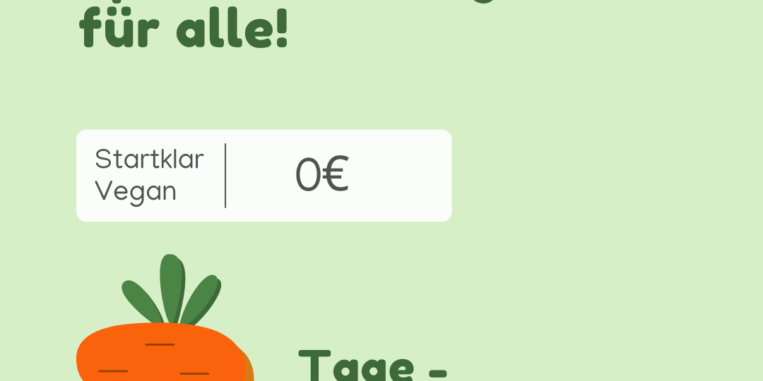 Grafik mit grünem Hintergrund und dem Schriftzug „Startklar für die Vegan-Challenge“ in großer, weißer Schrift. Darunter steht in kleineren Buchstaben „Sporternährung – kompakt und alltagstauglich“. Links oben ist ein stilisiertes Symbol aus einer Hantel, einem Herz und einem Blatt zu sehen. In der rechten unteren Ecke ist das Logo mit dem Brokkoli.