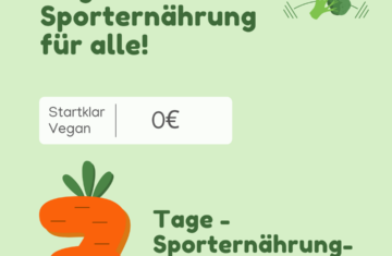 Grafik mit grünem Hintergrund und dem Schriftzug „Startklar für die Vegan-Challenge“ in großer, weißer Schrift. Darunter steht in kleineren Buchstaben „Sporternährung – kompakt und alltagstauglich“. Links oben ist ein stilisiertes Symbol aus einer Hantel, einem Herz und einem Blatt zu sehen. In der rechten unteren Ecke ist das Logo mit dem Brokkoli.