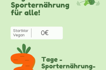 Grafik mit grünem Hintergrund und dem Schriftzug „Startklar für die Vegan-Challenge“ in großer, weißer Schrift. Darunter steht in kleineren Buchstaben „Sporternährung – kompakt und alltagstauglich“. Links oben ist ein stilisiertes Symbol aus einer Hantel, einem Herz und einem Blatt zu sehen. In der rechten unteren Ecke ist das Logo mit dem Brokkoli.