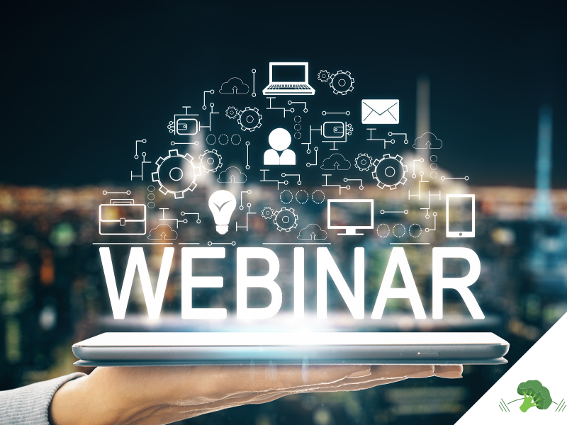 Eine Hand hält ein digitales Tablet, über dem das Wort „WEBINAR“ leuchtend erscheint. Darüber schweben zahlreiche Symbole wie Laptop, Person, E-Mail, Zahnräder und Glühbirne, die digitale Vernetzung und Online-Kommunikation symbolisieren. Im Hintergrund ist eine unscharfe Stadtansicht bei Nacht zu sehen.