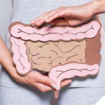 Frau in grauem Shirt hält ein anatomisches Modell des menschlichen Darms aus Papier vor ihren Bauch, um die Bedeutung der Darmgesundheit visuell darzustellen.
