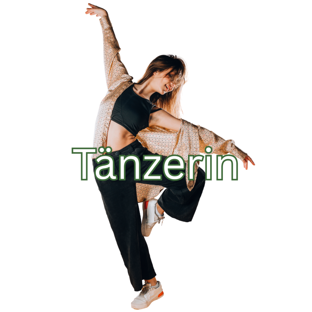 Eine tanzende Frau in dynamischer Pose, ein Bein angehoben, ein Arm nach oben gestreckt. Sie trägt eine offene, gemusterte Jacke, ein schwarzes Crop-Top, dunkle Hosen und Sneakers. Der Hintergrund ist schwarz, und über dem Bild steht das Wort „Tänzerin“ in großer grüner Schrift.