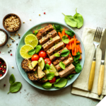 Ein bunt angerichteter veganer Teller mit mariniertem Tofu, frischen Limettenscheiben, Babyspinat, Karottenstreifen, Kirschtomaten und Sesam-Crackern, daneben kleine Schälchen mit Salz, Pfeffer und Koriandersamen sowie Besteck auf einer Leinenserviette.