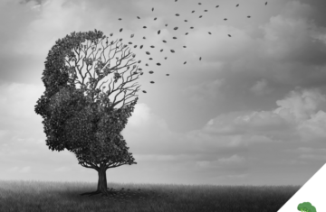 Ein Baum in Form eines menschlichen Kopfes verliert seine Blätter, beginnend im Bereich des Gehirns – eine symbolische Darstellung für geistigen Verfall, wie er bei Alzheimer oder anderen neurodegenerativen Erkrankungen auftreten kann.