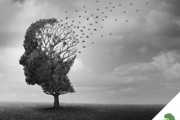 Ein Baum in Form eines menschlichen Kopfes verliert seine Blätter, beginnend im Bereich des Gehirns – eine symbolische Darstellung für geistigen Verfall, wie er bei Alzheimer oder anderen neurodegenerativen Erkrankungen auftreten kann.