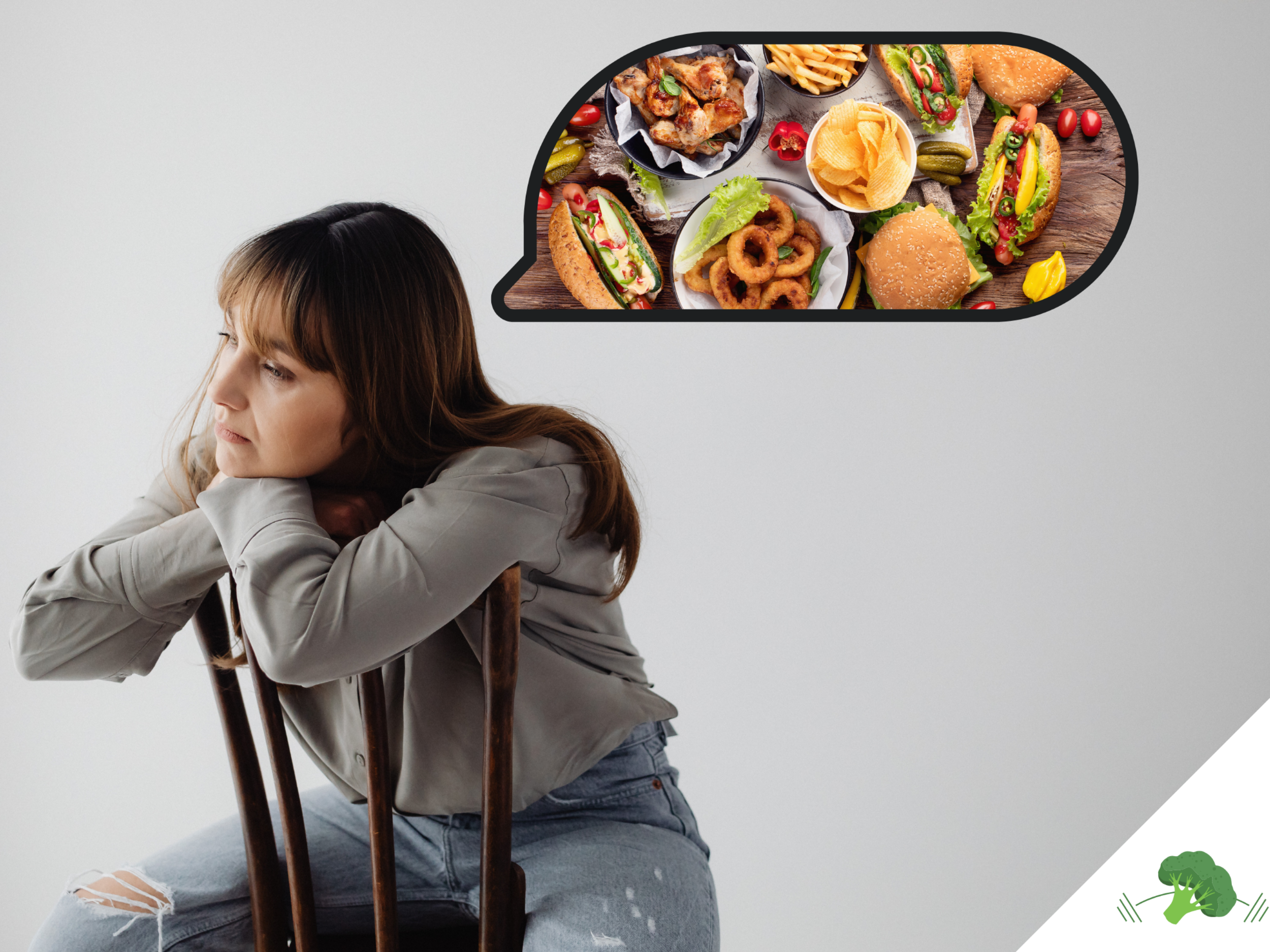 Eine nachdenklich wirkende Frau sitzt rückwärts auf einem Stuhl und lehnt den Kopf auf ihre verschränkten Arme; über ihrem Kopf erscheint eine Sprechblase mit Bildern von Fast Food wie Burgern, Pommes, Chips und Hot Dogs.