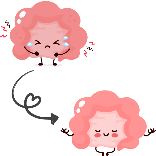 Comicartige Darstellung eines Darms: Oben weint es gestresst mit Tränen und rotem Zornsymbol, unten wirkt es entspannt und glücklich, verbunden durch einen geschwungenen Pfeil mit Herz – symbolisiert den Übergang von Stress zu innerer Ruhe.