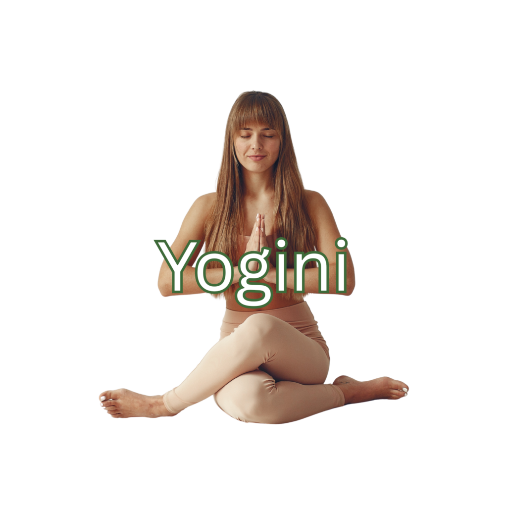 Frau sitzt in aufrechter Yoga-Haltung mit geschlossenen Augen und gefalteten Händen vor der Brust, trägt helle Sportkleidung, ruhige Ausstrahlung, schwarzer Hintergrund, Schriftzug „Yogini“ im Vordergrund.