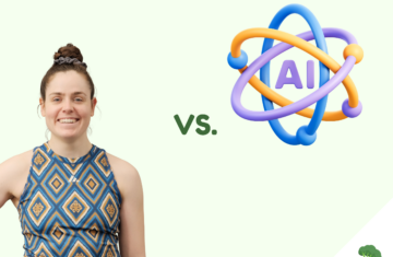 Eine Frau in Sportkleidung lächelt in die Kamera. Neben ihr steht ein stilisiertes Symbol für Künstliche Intelligenz (AI), dargestellt durch bunte, ineinander verschlungene Ringe mit dem Schriftzug „AI“ in der Mitte. Dazwischen steht „vs.“, was auf einen Vergleich zwischen Mensch und Künstlicher Intelligenz hinweist. Der Hintergrund ist hellgrün. In der rechten unteren Ecke ist ein kleines Brokkoli-Symbol.