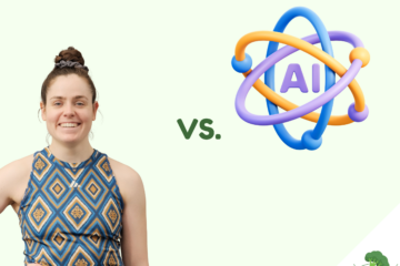 Eine Frau in Sportkleidung lächelt in die Kamera. Neben ihr steht ein stilisiertes Symbol für Künstliche Intelligenz (AI), dargestellt durch bunte, ineinander verschlungene Ringe mit dem Schriftzug „AI“ in der Mitte. Dazwischen steht „vs.“, was auf einen Vergleich zwischen Mensch und Künstlicher Intelligenz hinweist. Der Hintergrund ist hellgrün. In der rechten unteren Ecke ist ein kleines Brokkoli-Symbol.
