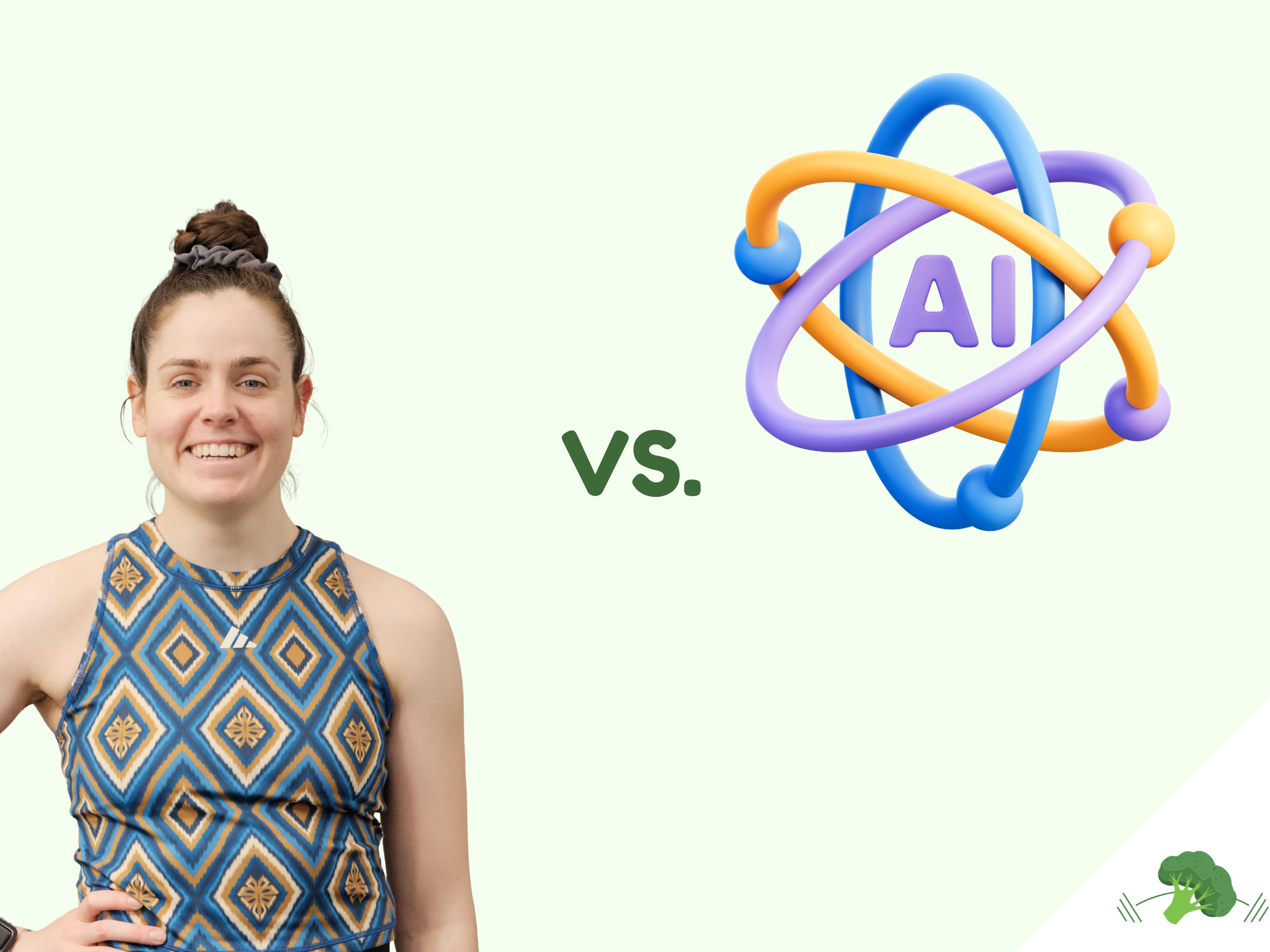 Eine Frau in Sportkleidung lächelt in die Kamera. Neben ihr steht ein stilisiertes Symbol für Künstliche Intelligenz (AI), dargestellt durch bunte, ineinander verschlungene Ringe mit dem Schriftzug „AI“ in der Mitte. Dazwischen steht „vs.“, was auf einen Vergleich zwischen Mensch und Künstlicher Intelligenz hinweist. Der Hintergrund ist hellgrün. In der rechten unteren Ecke ist ein kleines Brokkoli-Symbol.