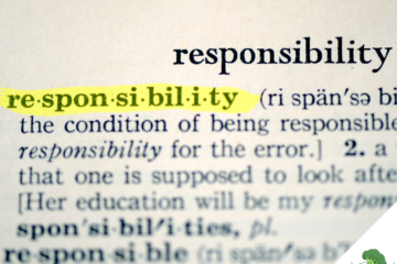 Ein Ausschnitt aus einem englischen Wörterbuch zeigt den Begriff „responsibility“, wobei die Silbentrennung „re·spon·si·bil·i·ty“ gelb markiert ist. Darunter beginnt die Definition des Begriffs. In der rechten unteren Ecke ist ein kleines Brokkoli-Symbol.