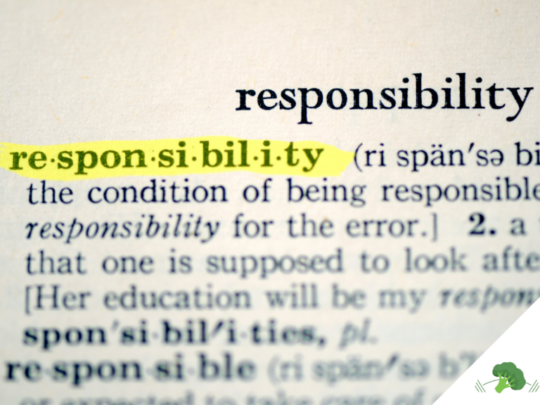Ein Ausschnitt aus einem englischen Wörterbuch zeigt den Begriff „responsibility“, wobei die Silbentrennung „re·spon·si·bil·i·ty“ gelb markiert ist. Darunter beginnt die Definition des Begriffs. In der rechten unteren Ecke ist ein kleines Brokkoli-Symbol.