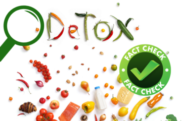 Collage aus verschiedenen Lebensmitteln auf hellem Hintergrund: Das Wort Detox ist aus Gemüse und Chili geformt, links ist eine grüne Lupe zu sehen und rechts ein großer grüner Fact-Check-Stempel. Unten liegen unter anderem Tomaten, Paprika, Lachs, Milch, Käse, Öl, Zwiebeln, Obst und weiteres Gemüse verstreut.