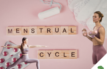 Collage zum Thema Menstruationszyklus mit rosa Hintergrund, Holzbuchstaben mit der Aufschrift Menstrual Cycle, Tampon und Binden im oberen Bereich, Blisterpackung mit Pillen, sowie zwei sportliche Frauen beim Yoga und beim Hanteltraining
