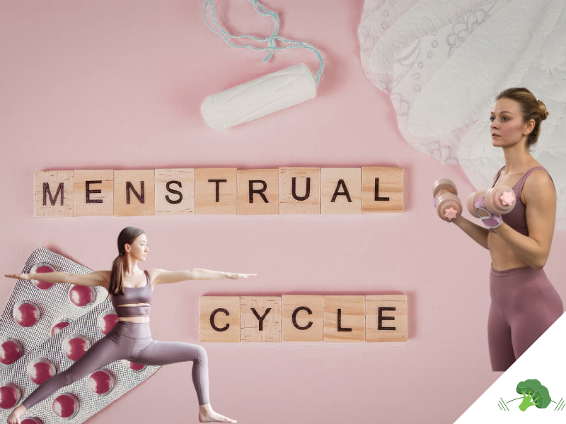 Collage zum Thema Menstruationszyklus mit rosa Hintergrund, Holzbuchstaben mit der Aufschrift Menstrual Cycle, Tampon und Binden im oberen Bereich, Blisterpackung mit Pillen, sowie zwei sportliche Frauen beim Yoga und beim Hanteltraining