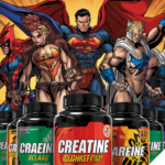 Comic-Stil Superhelden stehen hinter verschiedenen Supplement-Dosen wie Kreatin und BCAAs, die im Vordergrund nebeneinander aufgereiht sind