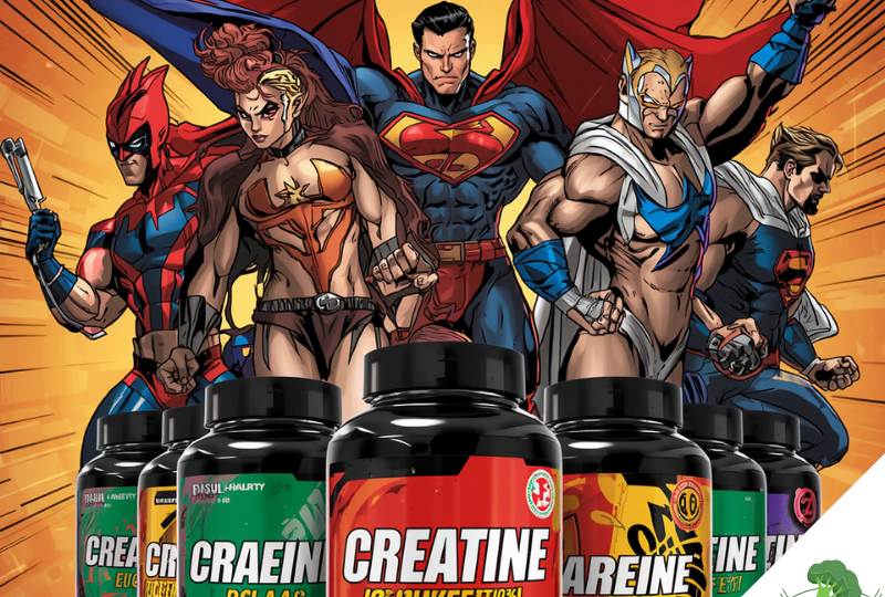 Comic-Stil Superhelden stehen hinter verschiedenen Supplement-Dosen wie Kreatin und BCAAs, die im Vordergrund nebeneinander aufgereiht sind