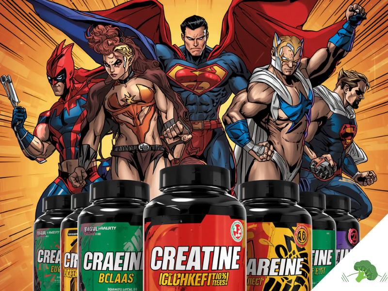 Comic-Stil Superhelden stehen hinter verschiedenen Supplement-Dosen wie Kreatin und BCAAs, die im Vordergrund nebeneinander aufgereiht sind