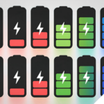 Illustration mehrerer Batterie-Symbole mit unterschiedlichen Ladezuständen von leer (rot) bis voll (grün/blau), die den Energielevel visualisieren