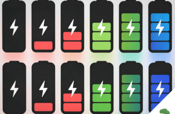 Illustration mehrerer Batterie-Symbole mit unterschiedlichen Ladezuständen von leer (rot) bis voll (grün/blau), die den Energielevel visualisieren