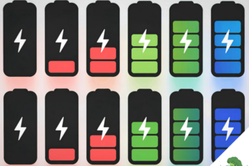 Illustration mehrerer Batterie-Symbole mit unterschiedlichen Ladezuständen von leer (rot) bis voll (grün/blau), die den Energielevel visualisieren