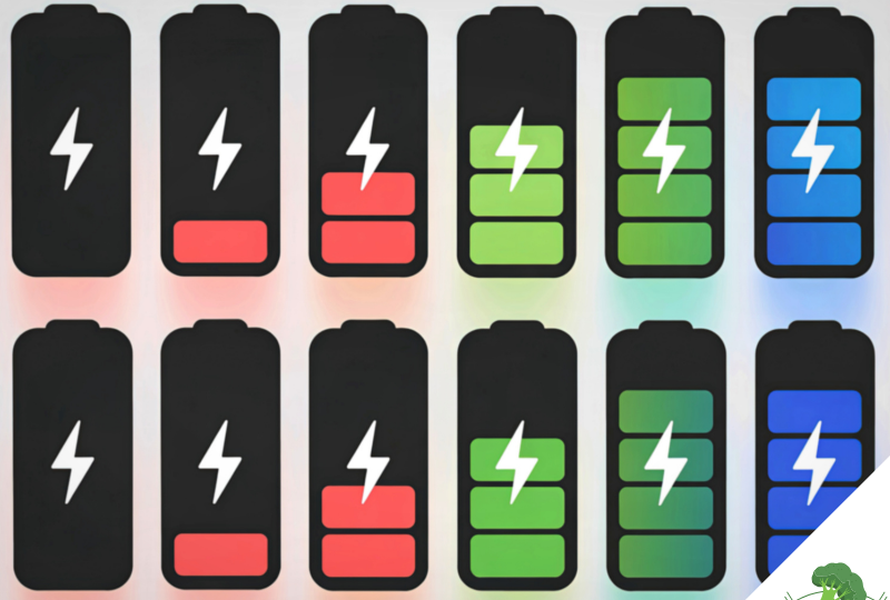Illustration mehrerer Batterie-Symbole mit unterschiedlichen Ladezuständen von leer (rot) bis voll (grün/blau), die den Energielevel visualisieren