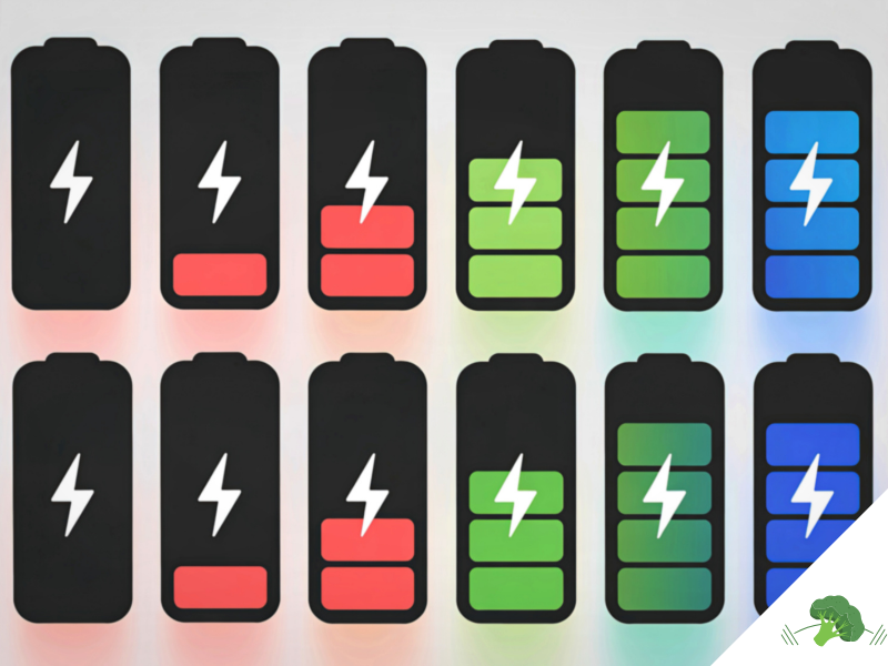 Illustration mehrerer Batterie-Symbole mit unterschiedlichen Ladezuständen von leer (rot) bis voll (grün/blau), die den Energielevel visualisieren