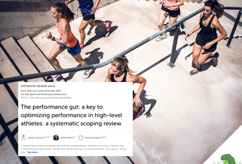 Sportlerinnen laufen gemeinsam eine Betontreppe im Freien hinauf, während im Vordergrund ein Ausschnitt einer wissenschaftlichen Studie zum Zusammenhang von Darmmikrobiom und sportlicher Leistung eingeblendet ist