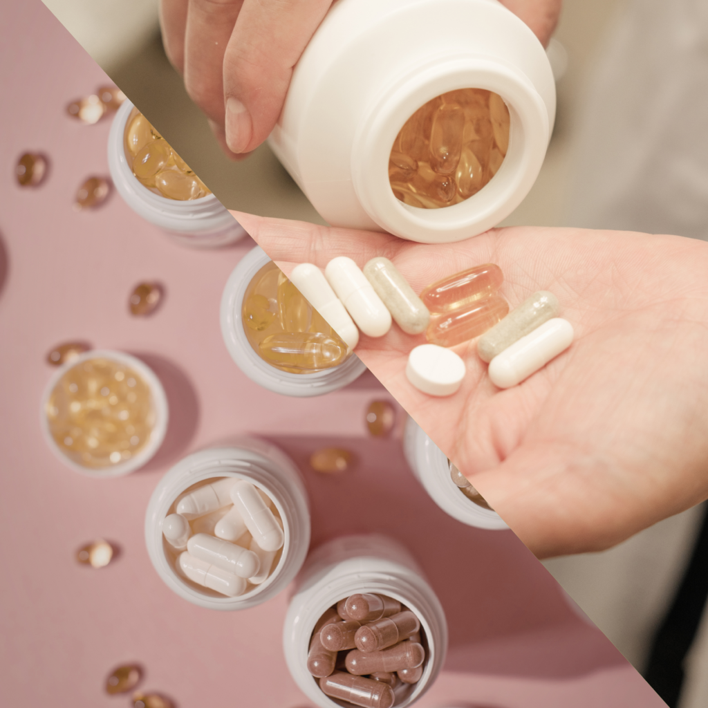 Collage aus verschiedenen Nahrungsergänzungsmitteln: offene Dosen mit Kapseln und Softgels sowie Kapseln und Tabletten in einer geöffneten Hand.