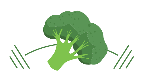 Illustration eines grünen Brokkolis mit stilisierten Hanteln links und rechts. Das Logo kombiniert pflanzliche Ernährung mit Fitness und Sport.