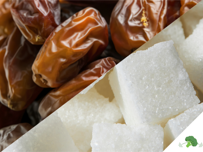 Nahaufnahme von braunen Datteln und weißen Zuckerwürfeln, diagonal gegenübergestellt als Vergleich zwischen natürlicher Süße aus Datteln und raffiniertem Haushaltszucker.