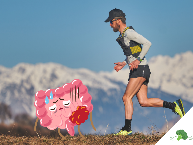 Läufer beim Trailrunning in den Bergen, daneben ein erschöpfter, cartoonartiger Darm als Symbol für Magen-Darm-Beschwerden während des Sports.