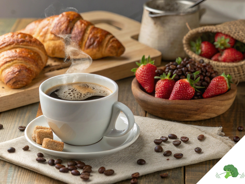 Eine dampfende Tasse Kaffee mit Zuckerwürfeln auf einem Frühstückstisch. Im Hintergrund liegen Croissants auf einem Holzbrett sowie frische Erdbeeren und Kaffeebohnen in einer Schale.